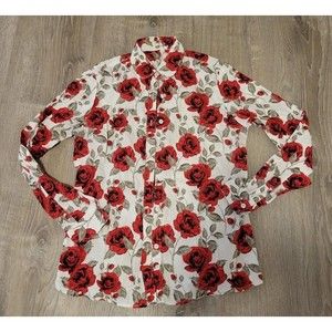 Unbranded Small Rose Button Up Shirt, Long Sleeve, Floral Print, White & Red